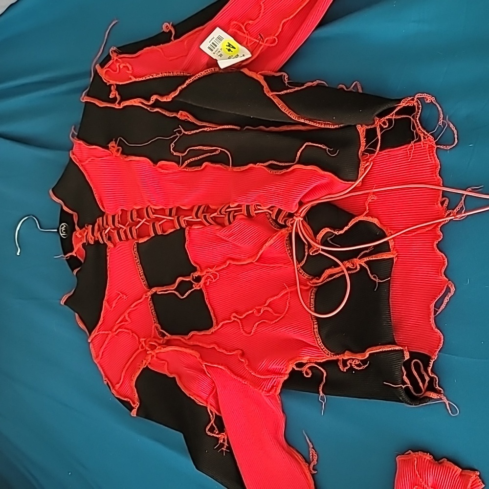 Red and Black Long Sleeve Cropped Sweater